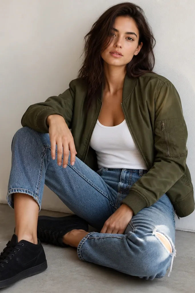 A white tank paired with lightly distressed blue jeans and an olive bomber jacket. The bomber has a ribbed collar and cuffs, and the shoes are black sneakers.