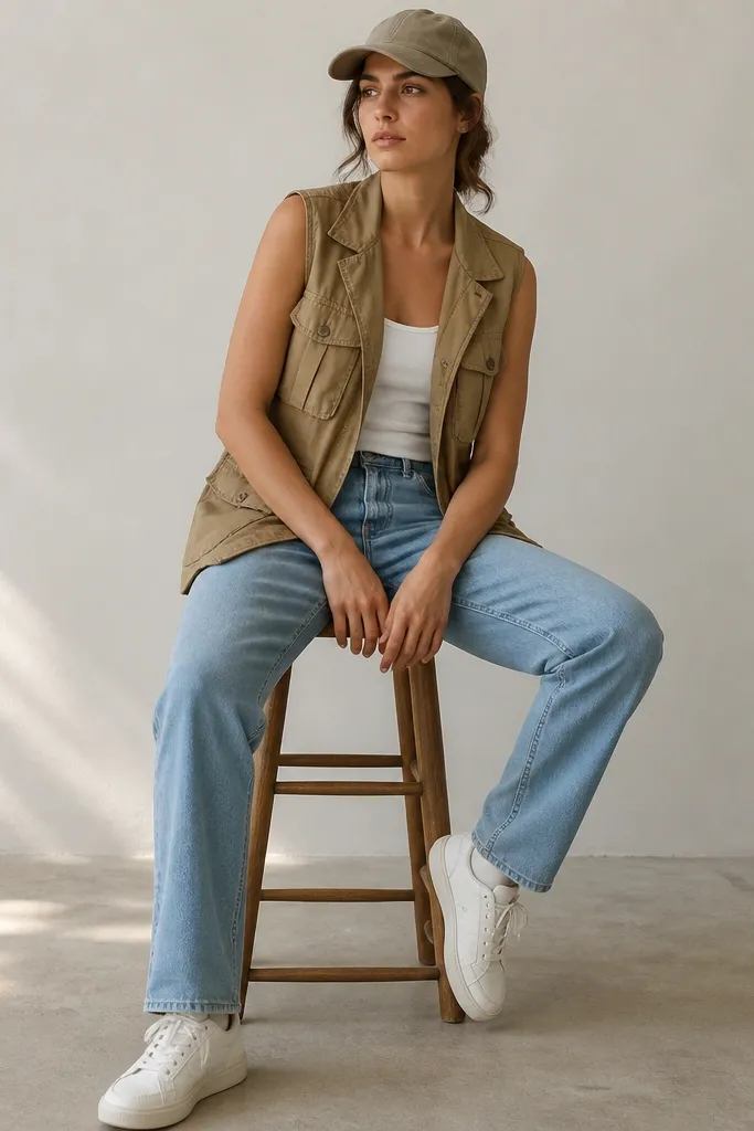 A white tank under a khaki utility vest with cargo pockets. The jeans are light blue and straight, and the person wears white sneakers and a cap.