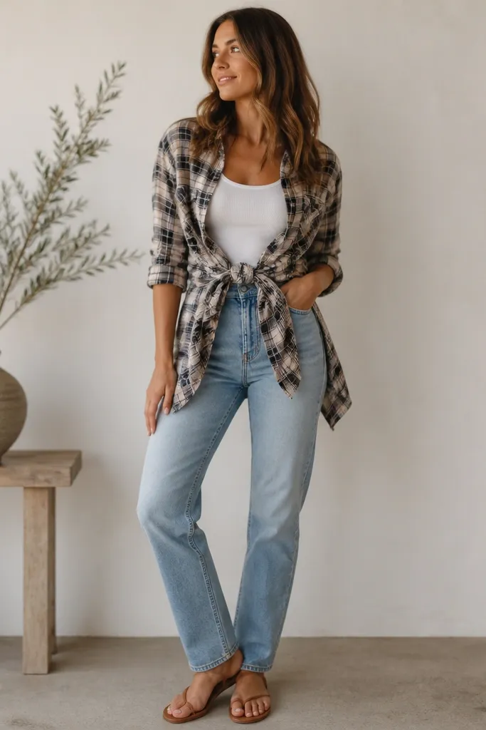 A white tank worn with jeans and an open plaid button-up shirt tied in a front knot. The shirt hangs in two panels below the knot, and the person wears simple sandals.