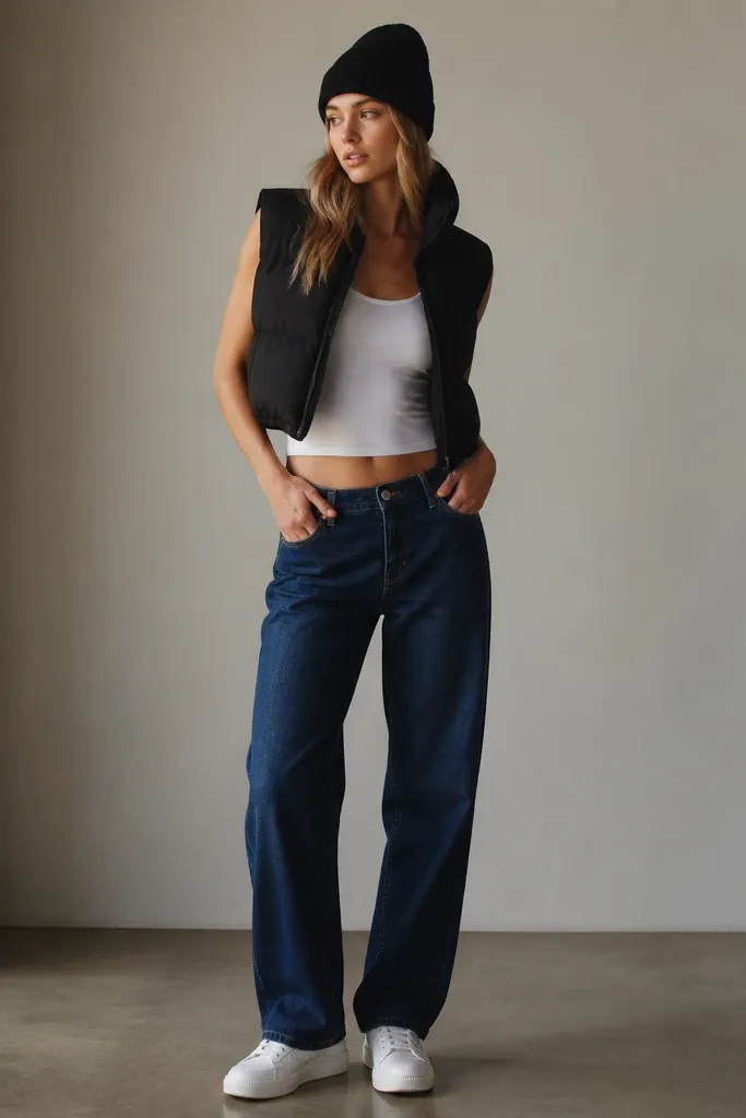 A white tank under a cropped black puffer vest. The jeans are dark blue straight-leg, and the shoes are white sneakers. A beanie sits on the head.