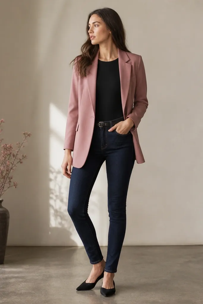 A dusty rose blazer, slightly longer than hip, worn with a black long-sleeve bodysuit tucked in. Dark indigo skinny jeans are fitted at the ankle. Black pointed-toe flats and a slim black belt are visible.