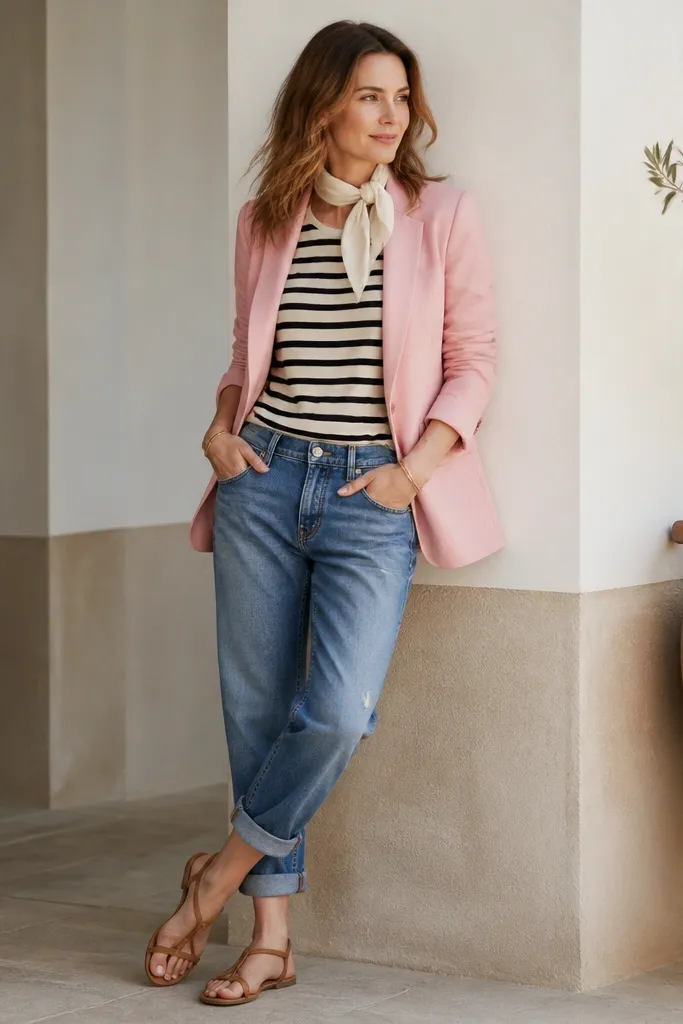 A pink blazer over a black-and-cream striped short-sleeve tee. The jeans are boyfriend style with a relaxed fit, cuffed at the ankle. The shoes are tan sandals and there's a cream scarf tied at the neck.