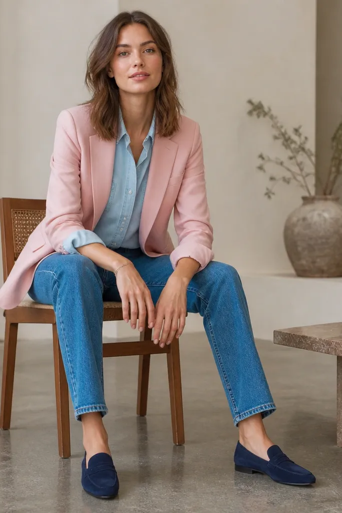 A light pink blazer worn open over a light chambray button-up. The jeans are medium-wash straight leg with a clean hem. The shoes are navy suede loafers.