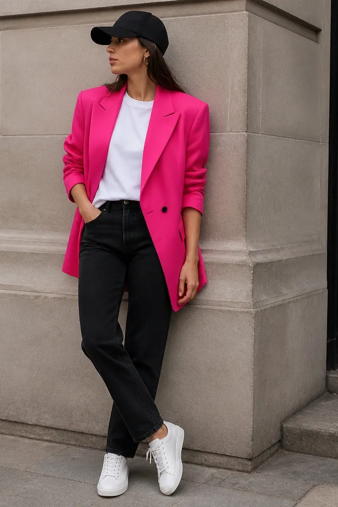 A hot pink blazer worn over a white crew-neck tee and black straight jeans. White sneakers are clean and minimal. A black baseball cap sits low and a small silver hoop earring is visible.