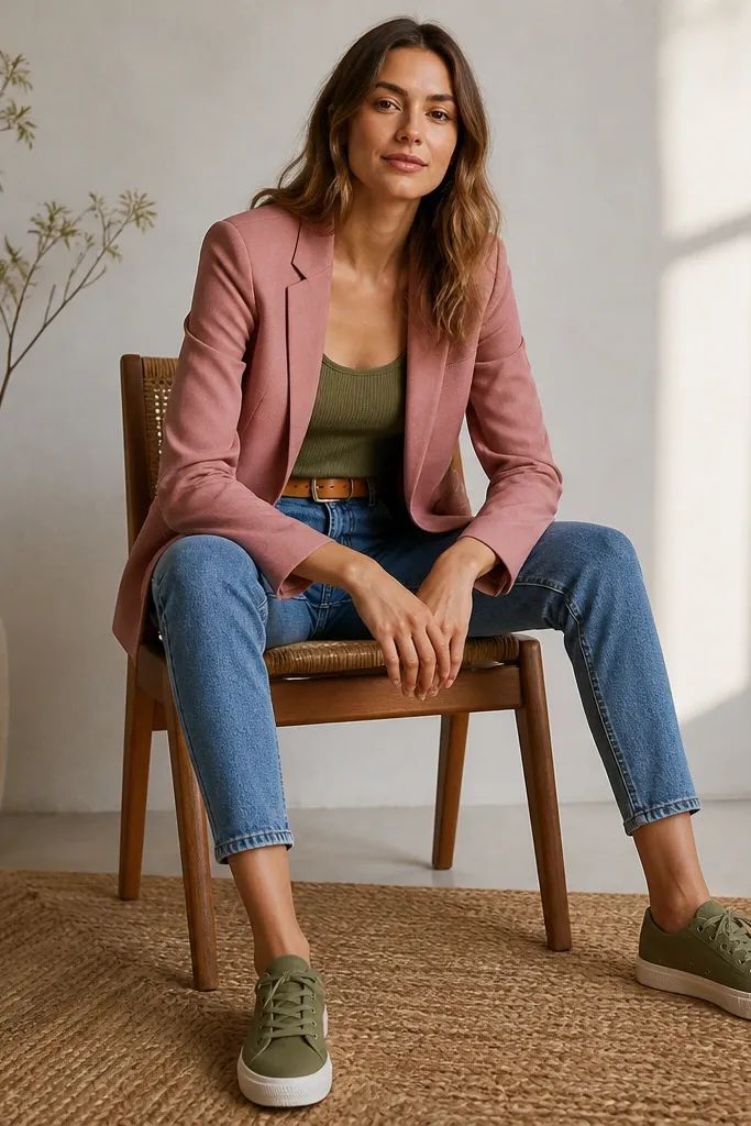 A rose pink blazer over an olive green ribbed tank. Medium-wash jeans with a slight taper sit at the ankle. Shoes are olive canvas sneakers and a tan belt is visible.