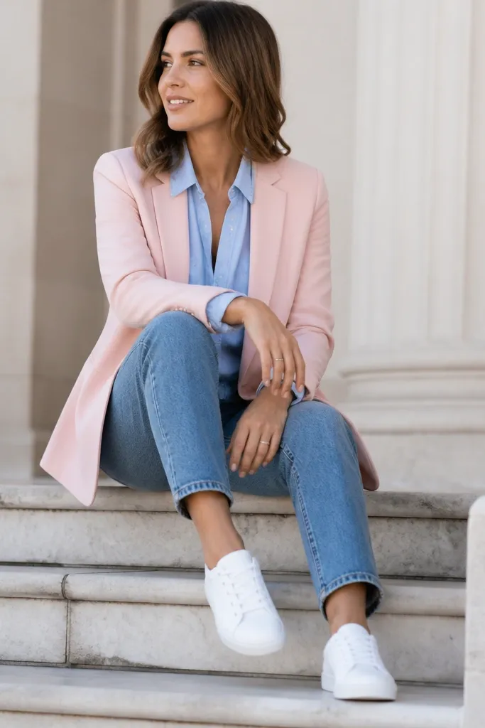 A light pink blazer over a chambray light-blue shirt. The jeans are medium wash with a similar tone to the shirt. Shoes are white leather sneakers and the shirt collar peeks out cleanly.