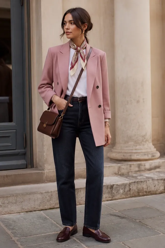 A dusty pink blazer worn with dark straight jeans and a plain white tee. A patterned silk scarf is tied at the neck. Shoes are burgundy loafers and there's a structured crossbody in brown.