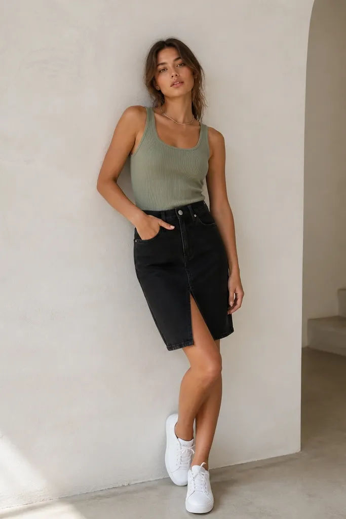 A sage green rib knit tank paired with a black denim skirt with a slight front slit. The styling includes white sneakers and a simple silver necklace.