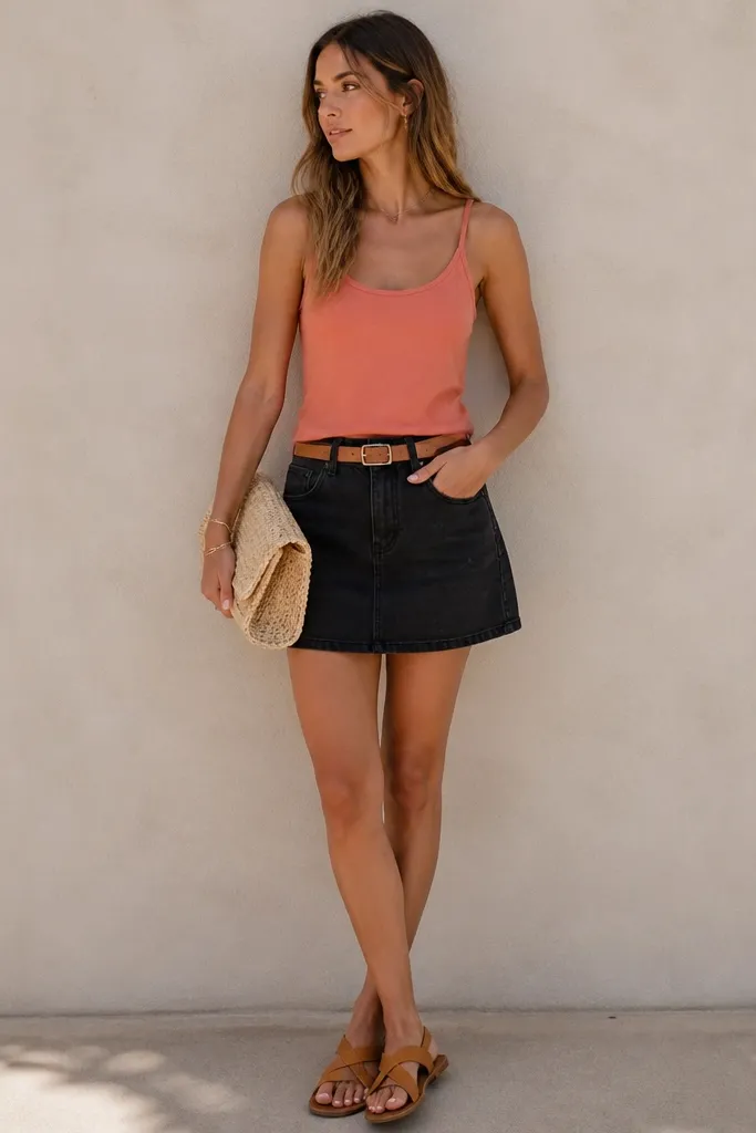 A coral tank tucked into a black denim skirt with a removable tan belt. A woven clutch sits under one arm, paired with tan sandals.