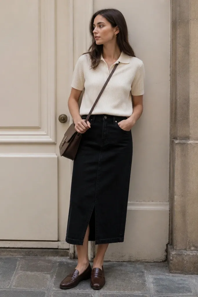 A cream knit polo shirt worn buttoned up to the second button, paired with a black denim skirt. The outfit includes brown leather loafers and a crossbody bag.