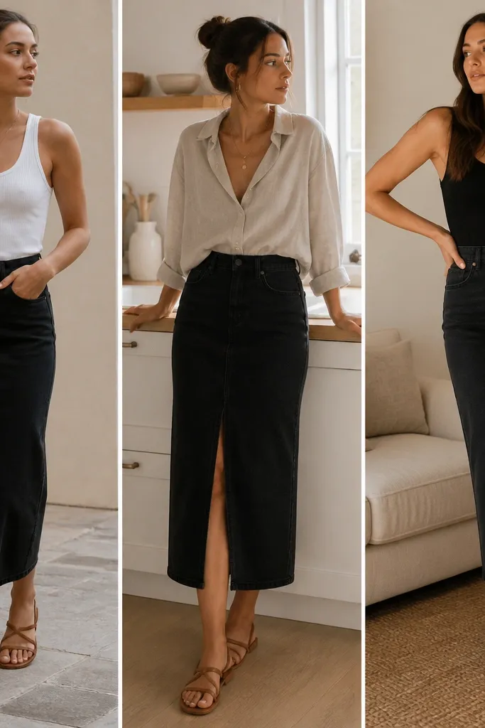 Removable for renters black denim skirt outfit summer ideas