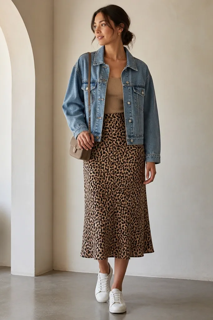 A faded blue denim jacket in a slightly boxy cut layered over a ribbed tan tank; a removable leopard midi skirt sits at mid-calf; white sneakers and a small crossbody bag.
