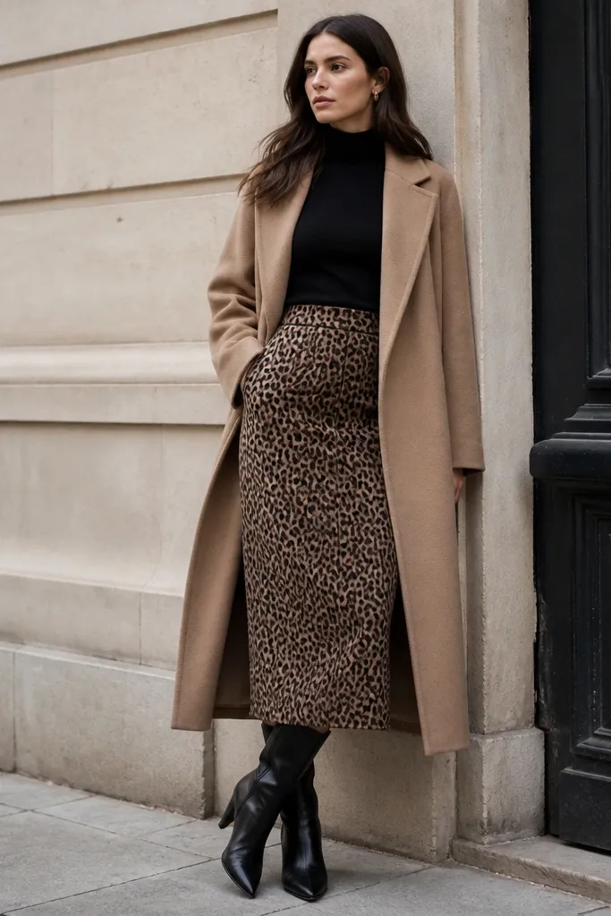 A black fitted turtleneck tucked into a removable leopard midi skirt; a long camel overcoat drapes open; sleek black heeled boots; minimal jewelry.