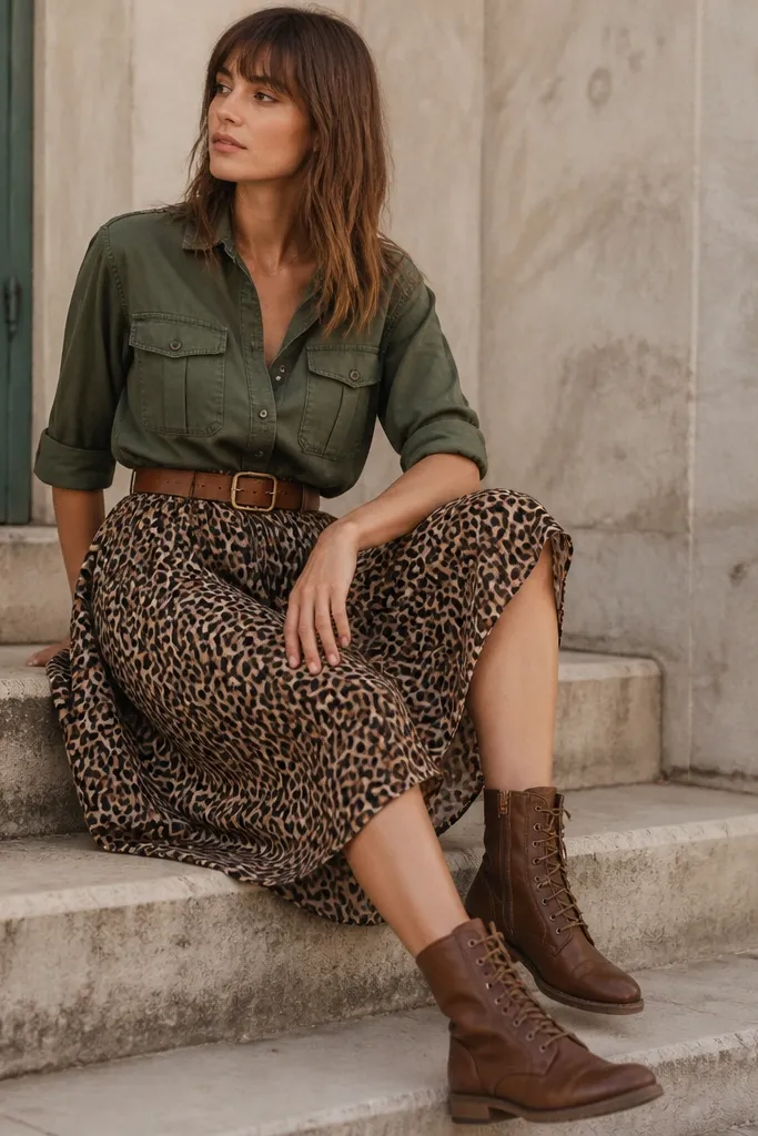 An olive green utility button-up with flap pockets worn over a removable leopard midi skirt; sleeves are rolled; brown leather belt; brown lace-up boots.