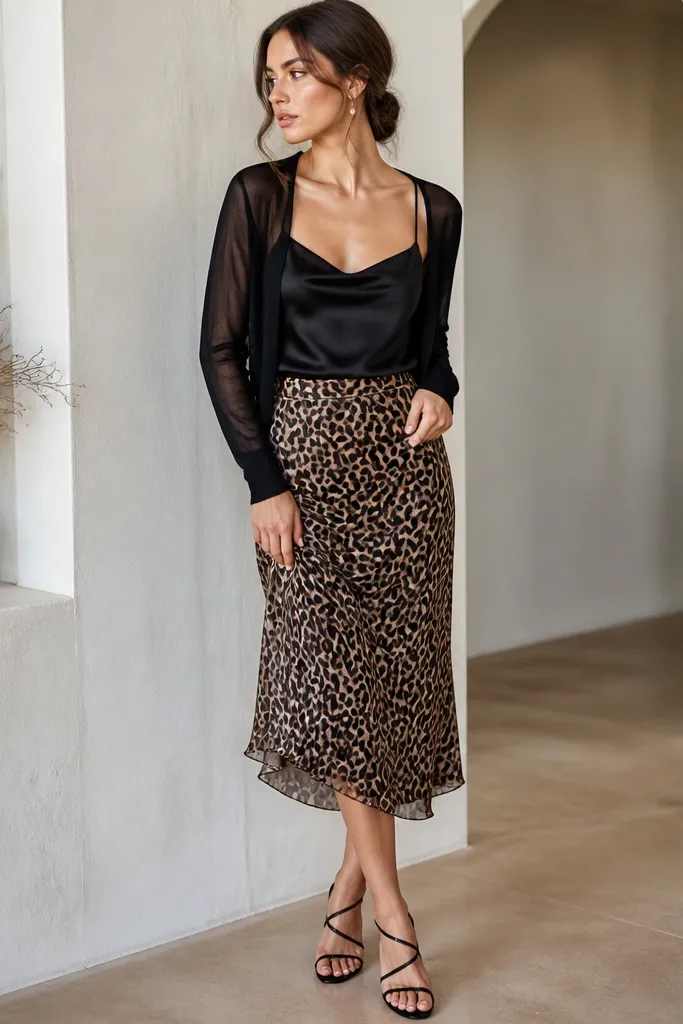 A black satin camisole worn under a lightweight sheer-sleeve cardigan; removable leopard midi skirt; strappy black sandals; delicate earrings.