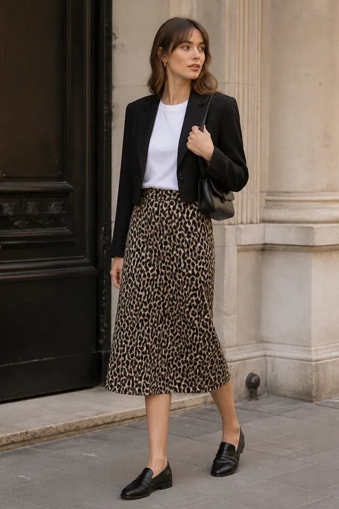 A white graphic T-shirt tucked into a removable leopard midi skirt; a cropped black blazer over it; black loafers; small shoulder bag.