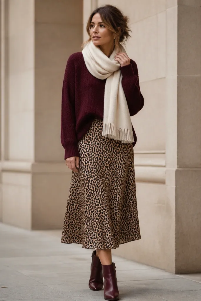 A burgundy knit sweater worn with a removable leopard midi skirt; a cream scarf wrapped at the neck; burgundy ankle boots.