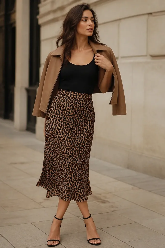 A fitted black bodycon tank tucked into a removable leopard midi skirt; a cropped camel jacket worn open; black strappy heels.