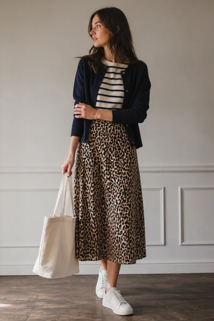 A navy-and-cream striped tee under a navy cardigan; removable leopard midi skirt; white sneakers; tote bag.