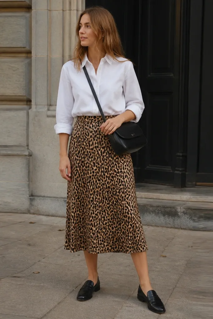 A crisp white button-down shirt with sleeves rolled to forearm length; removable leopard midi skirt; black leather crossbody bag; black loafers.
