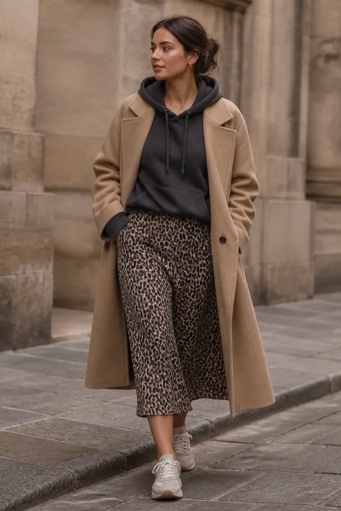 A charcoal gray hoodie worn under a long tan coat; removable leopard midi skirt visible beneath; neutral sneakers; minimal jewelry.