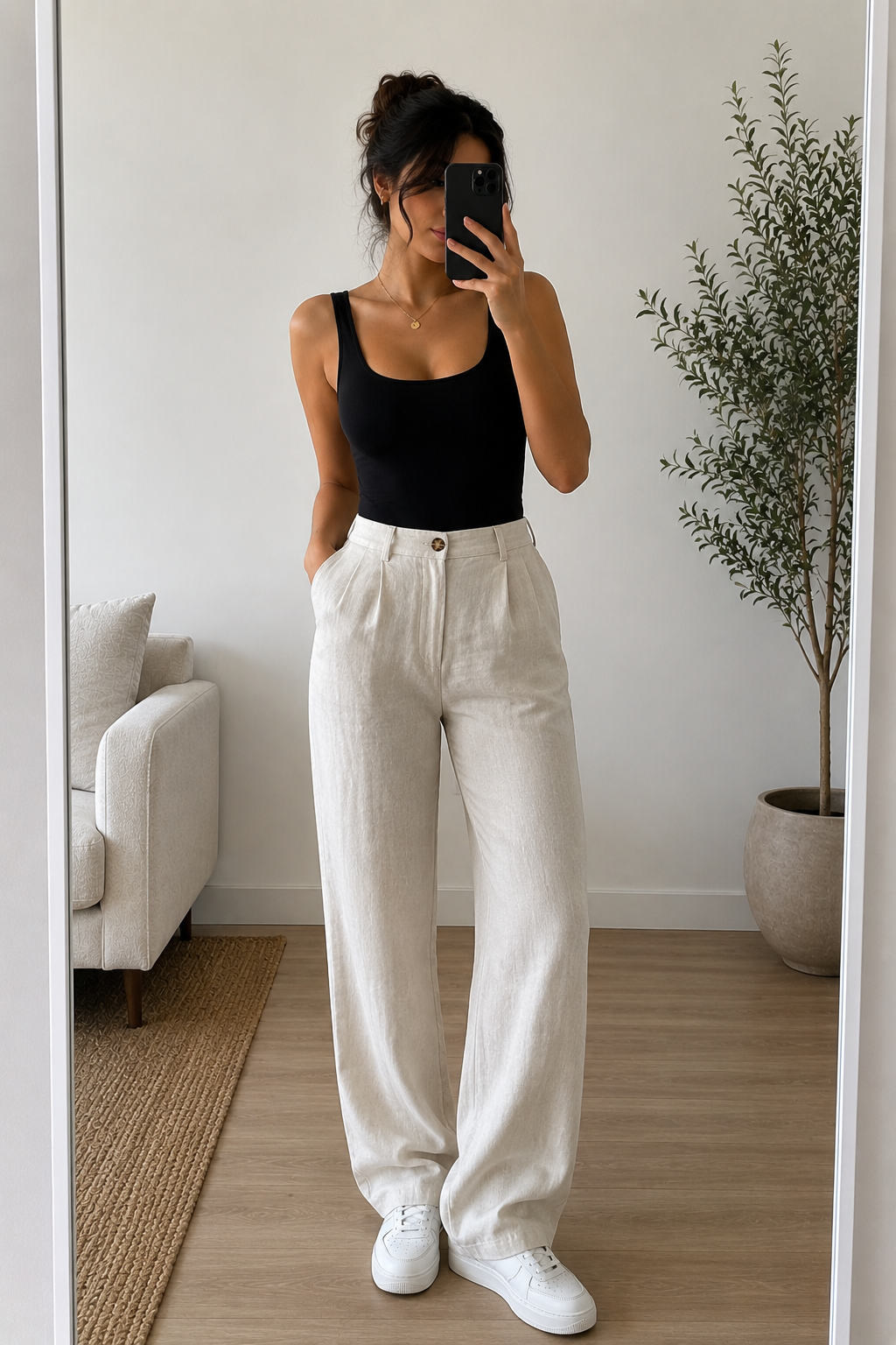 A black tank worn untucked with bone linen trousers that fall straight to the ankle. White sneakers sit under the hem. A lightweight white button-up is worn open like a layer, and a silver watch is visible.