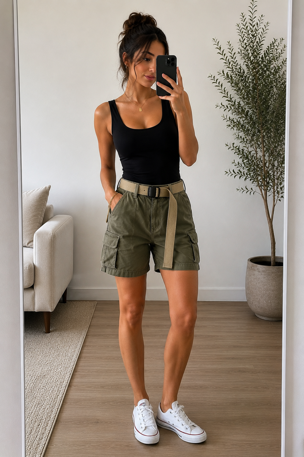 A black tank worn with olive cargo shorts that have side pockets and a slightly longer inseam. A canvas belt and low-profile sneakers are shown. The outfit looks casual with no jacket and a simple wristwatch.