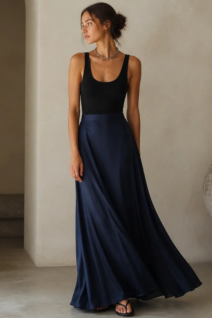 A black tank tucked into a dark indigo maxi skirt with a subtle sheen. The skirt drapes to the floor with slight movement. A silver chain necklace and flat sandals are shown.