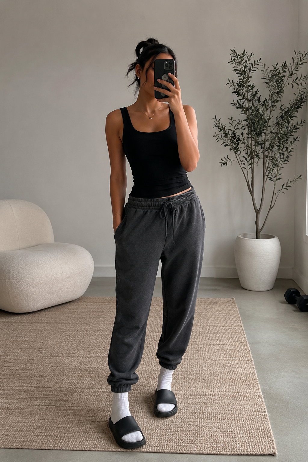 A black tank worn with charcoal joggers that taper at the ankle. White crew socks and slide sandals are visible. The outfit looks relaxed, with a minimal chain necklace.