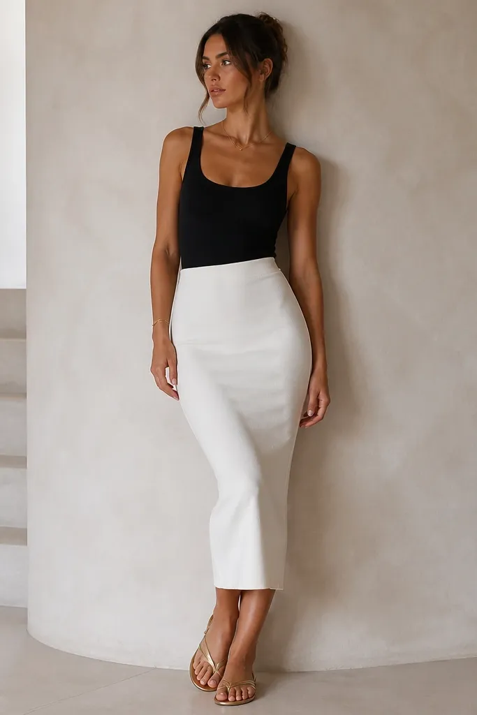 A black tank tucked into a white knit midi skirt with a smooth, stretchy surface. Gold flat sandals and a delicate gold necklace are shown.