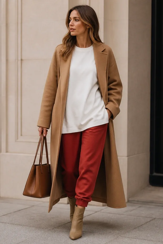 The image shows red joggers worn with an oversized white tee that falls to mid-hip. Over it is a long camel wool coat reaching mid-calf. The model wears tan ankle boots and carries a structured brown tote.