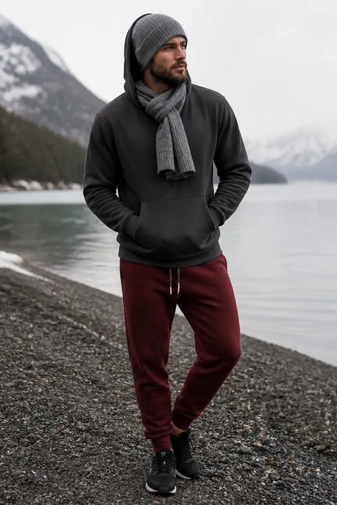 Charcoal hoodie over red joggers, paired with black trainers. A heather grey beanie sits on top of a slightly loose hood. The outfit looks winter-ready with a simple grey scarf looped once.