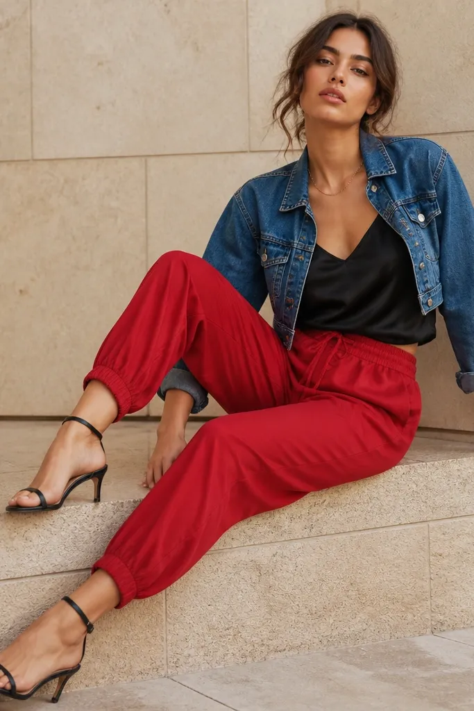 Red joggers paired with a black camisole that has a soft satin sheen. A cropped blue denim jacket sits over it. The model wears strappy black sandals and a thin gold necklace.