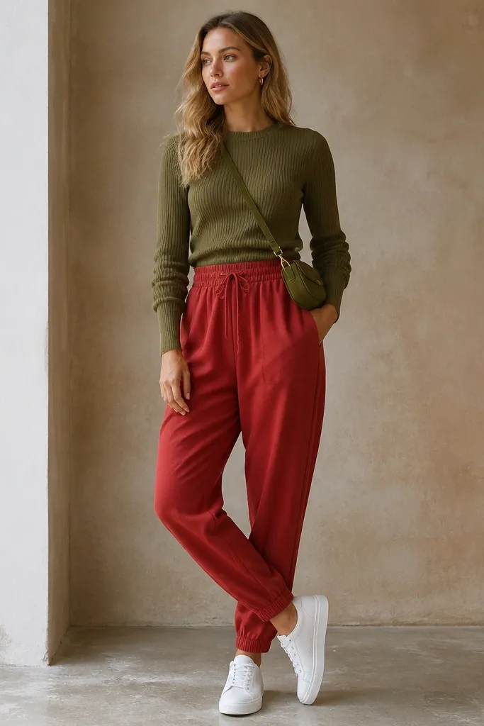 A model wears red joggers with a fitted olive knit sweater. The sweater has a crew neck and ribbed cuffs. White sneakers finish the look; the model carries a small olive crossbody.