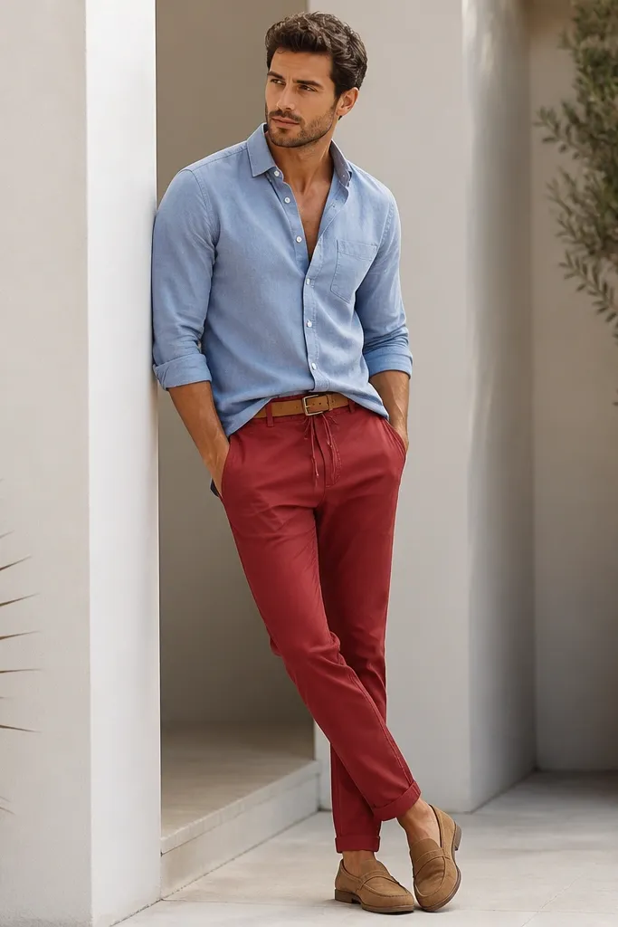 Red joggers paired with a dusty blue button-down shirt. The shirt is half-tucked at the front, sleeves rolled to mid-forearm. The model wears tan loafers and a tan leather belt.