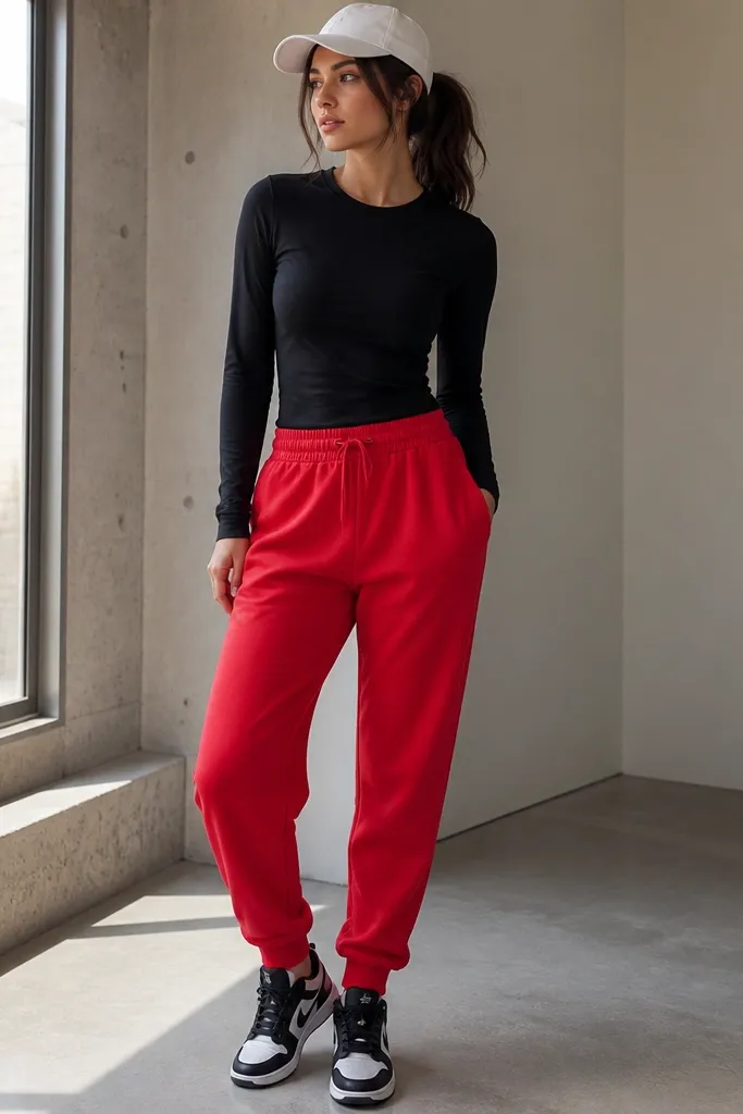 A black long-sleeve tee worn tight at the shoulders and slightly relaxed at the torso. Red joggers are high-rise with a drawstring. A white baseball cap sits on top; black-and-white sneakers complete the look.
