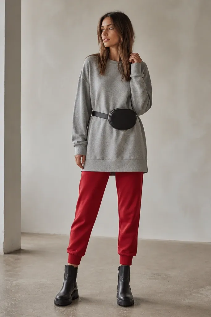 A grey sweatshirt worn long like a tunic over red joggers. The sweatshirt hem ends above mid-thigh, showing a band of red joggers. The model wears black ankle boots and a belt bag.
