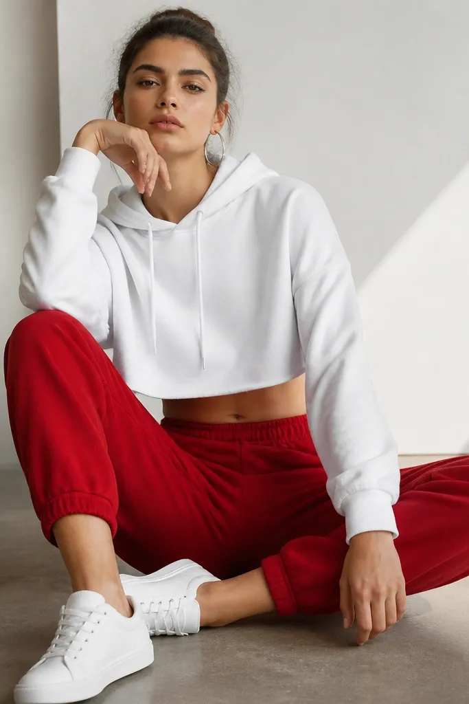 White cropped hoodie paired with red joggers. The hoodie sits at the waist, showing a small portion of midriff. The model wears silver hoop earrings and white sneakers with a low profile.