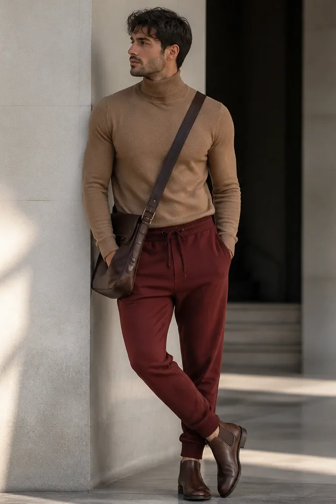 Red joggers styled with a camel turtleneck sweater that fits close at the neck and chest. The model wears dark brown leather boots and a matching brown crossbody bag.