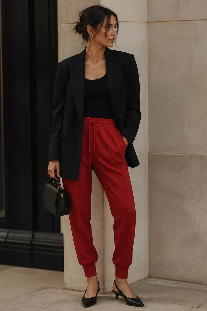 A black blazer worn over a ribbed tank in cream or black. Underneath are red joggers with a tapered leg. The model wears pointed-toe flats or low heels and a structured mini bag.