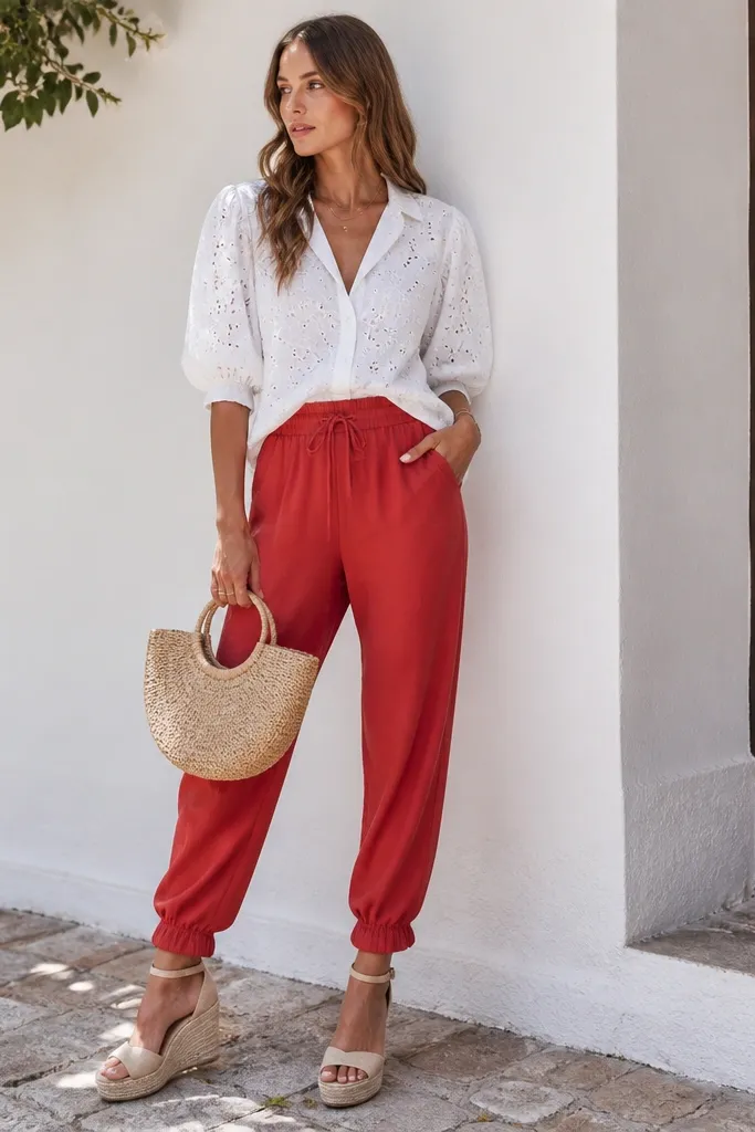 Red joggers paired with a white eyelet blouse with puff sleeves. The blouse is tucked at the front. The model wears espadrille wedges with a jute rope detail and a small straw bag.