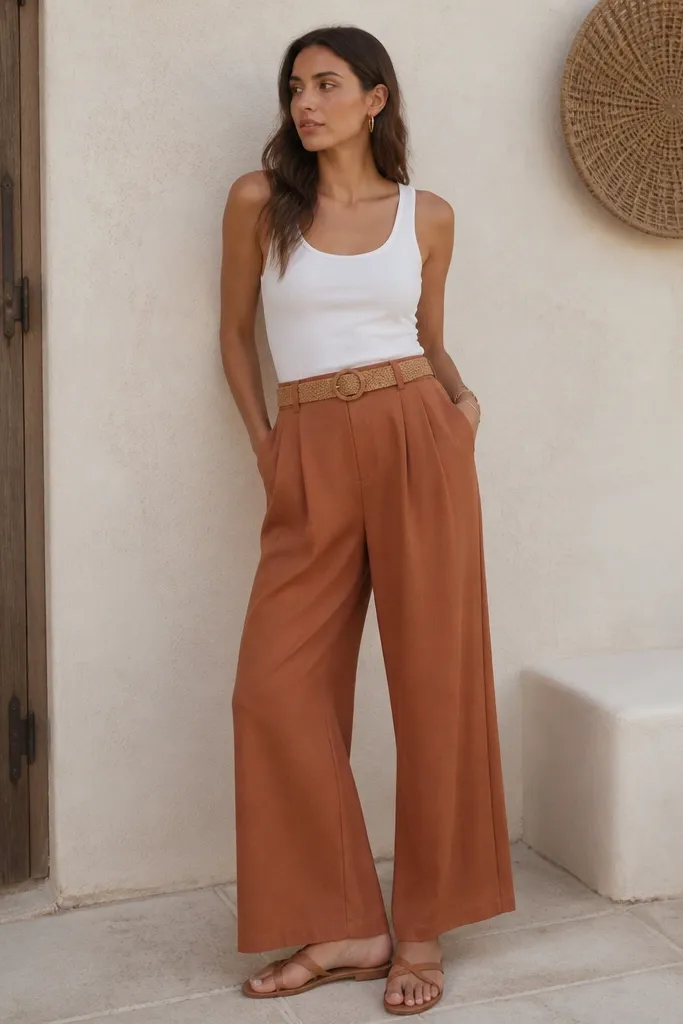 A model in a white tank with terracotta wide-leg trousers, a tan braided belt, and flat leather sandals; outdoor patio background.