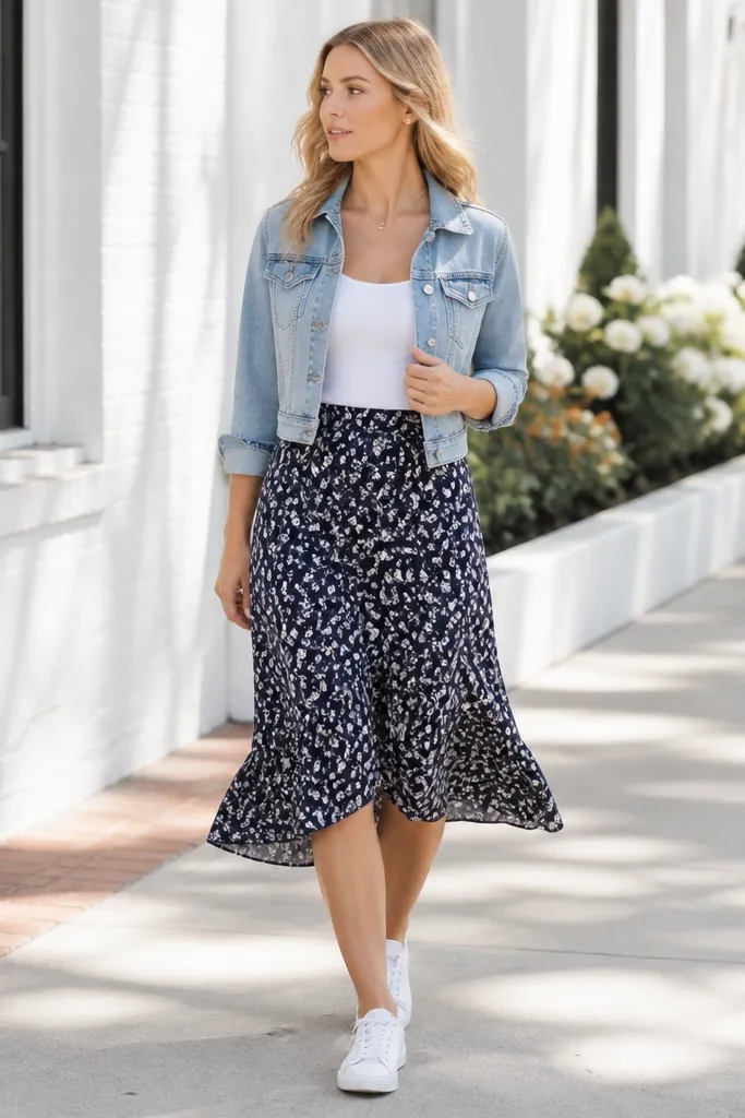 A model wearing a white tank with a navy floral skirt, light blue cropped denim jacket, and white sneakers; bright sidewalk scene.