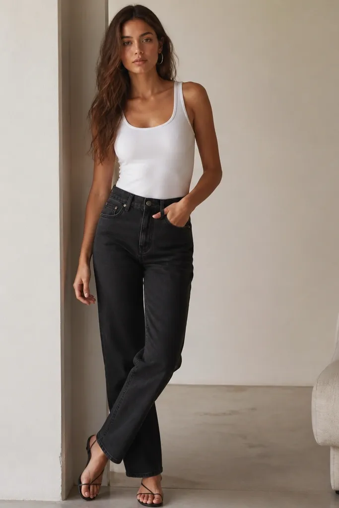 A model in a fitted white tank tucked into washed black straight jeans, silver hoop earrings, and minimal sandals; indoor photo with soft lighting.