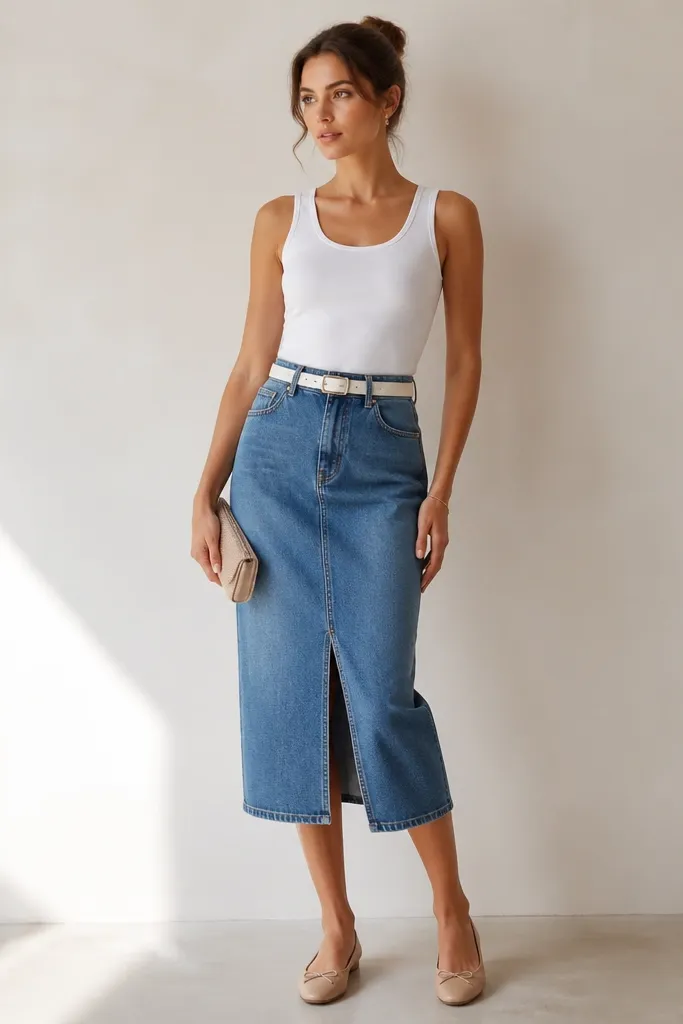 A model wearing a white tank tucked into a medium-wash denim skirt, white belt, nude ballet flats, and a small clutch; indoor studio light.