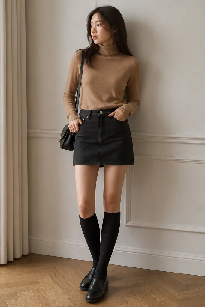 A camel turtleneck tucked into a black denim mini skirt. The model wears black knee-high socks and black loafers, with a small crossbody bag.