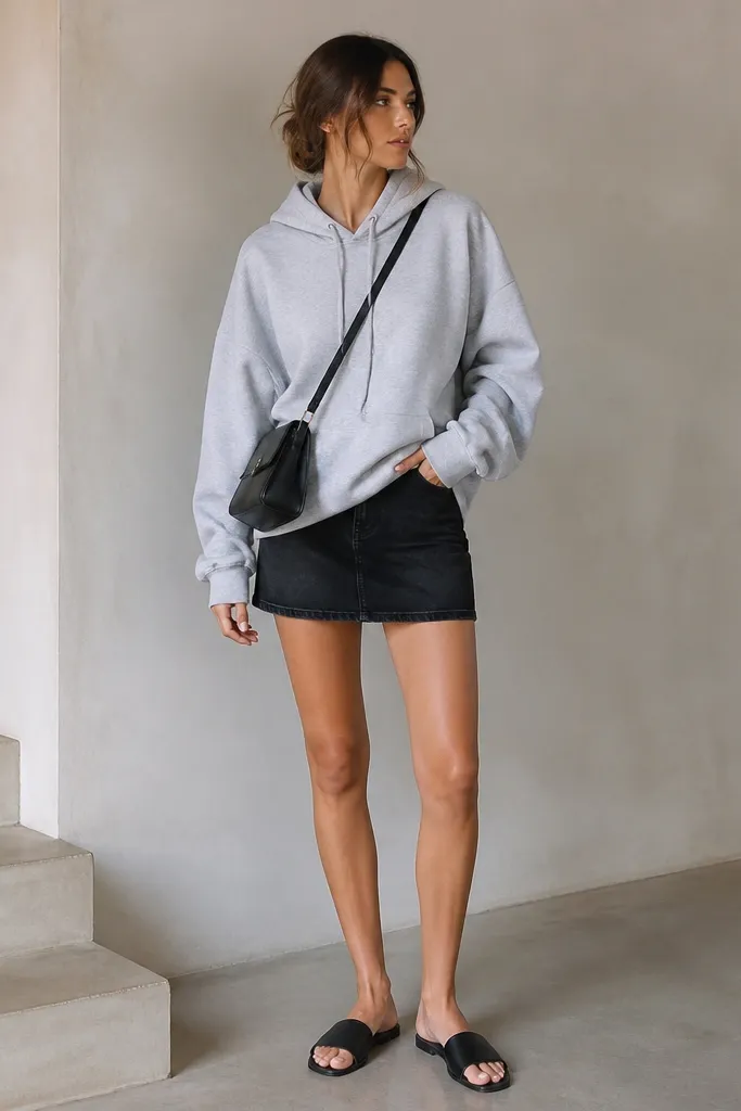 A light gray hoodie worn loose over a black denim mini skirt. The outfit includes black slide sandals and a crossbody bag, with the hoodie strings hanging.