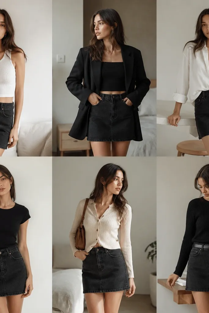 Small space black denim skirt outfit ideas for mini looks