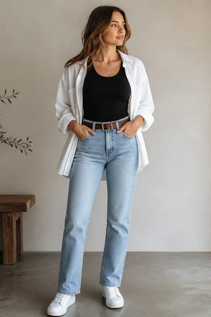 A black tank top tucked into light-wash straight-leg jeans with a brown leather belt, a relaxed white overshirt draped open, and clean white sneakers. The image shows a full outfit view with the belt buckle centered.