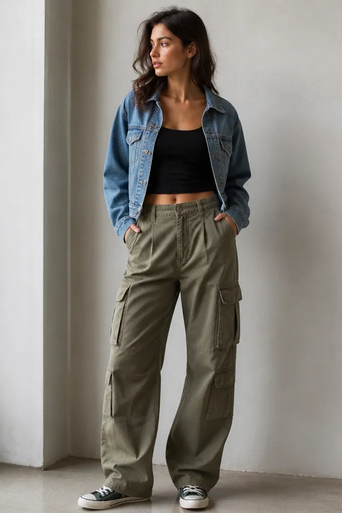A black tank with olive cargo pants, a cropped medium-wash denim jacket worn open, and dark green canvas sneakers. The photo shows the jacket hem landing around the high hip and the cargos having visible pockets.